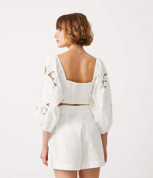 Blusa Corta en Algodón con Bordado y Manga Abullonada Blanco 4