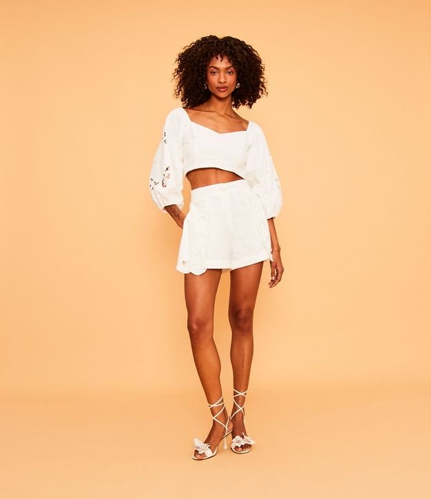 Blusa Corta en Algodón con Bordado y Manga Abullonada Blanco 1