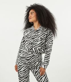 Jaqueta Cropped em Sarja com Estampa Animal Print Zebra