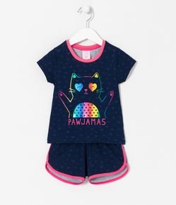 Pijama Curto Infantil com Estampa de Gato - Tam 1 a 4 anos