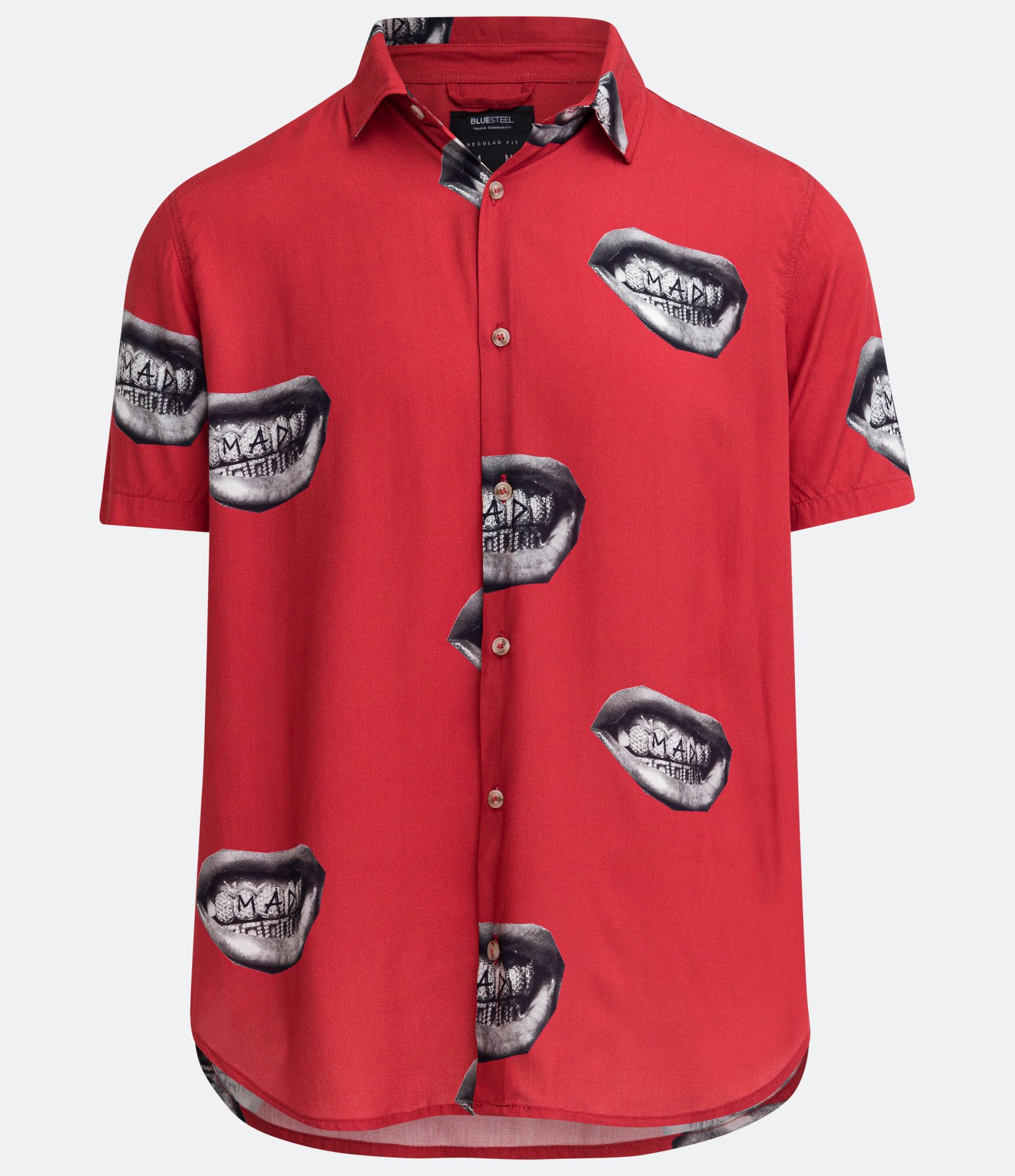 Camisa Manga Curta em Viscose com Estampa de Bocas Vermelho 1