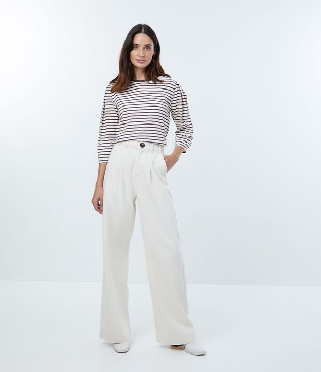 Blusa em Algodão com Manga 3/4 em Listras Horizontais