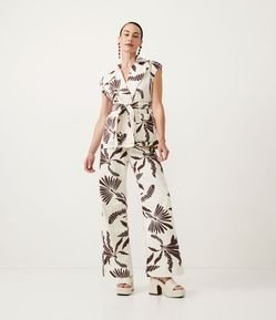 Calça Wide Leg em Sarja com Estampa de Folhagem e Cintura Alta
