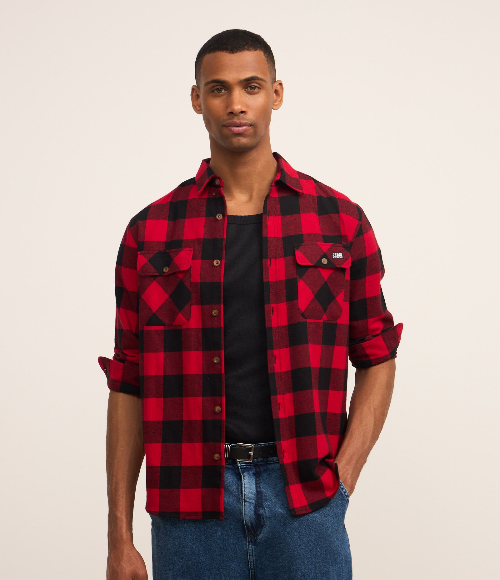 Camisa Regular em Algodão Xadrez e Manga Longa Vermelho 1