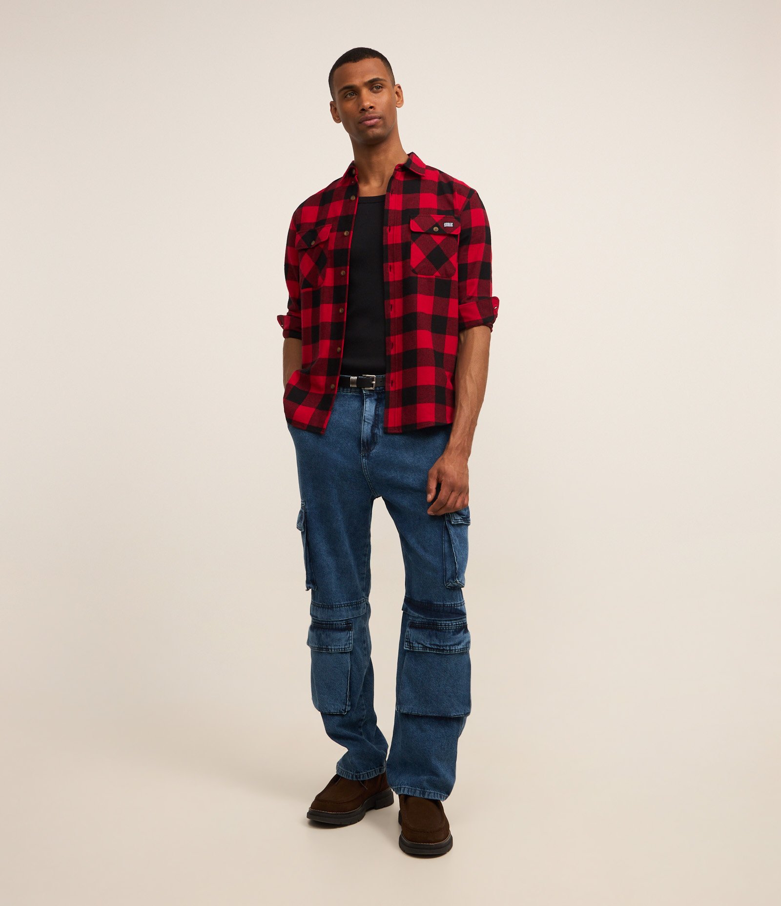 Camisa Regular em Algodão Xadrez e Manga Longa Vermelho 2