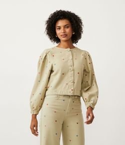 Jaqueta em Sarja com Manga Bufante e Bordado de Corações