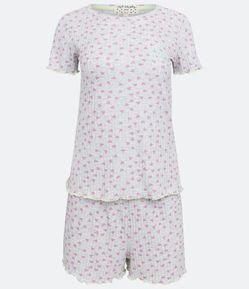 Pijama Curto em Viscolycra com Estampa de Mini Corações e Frufru