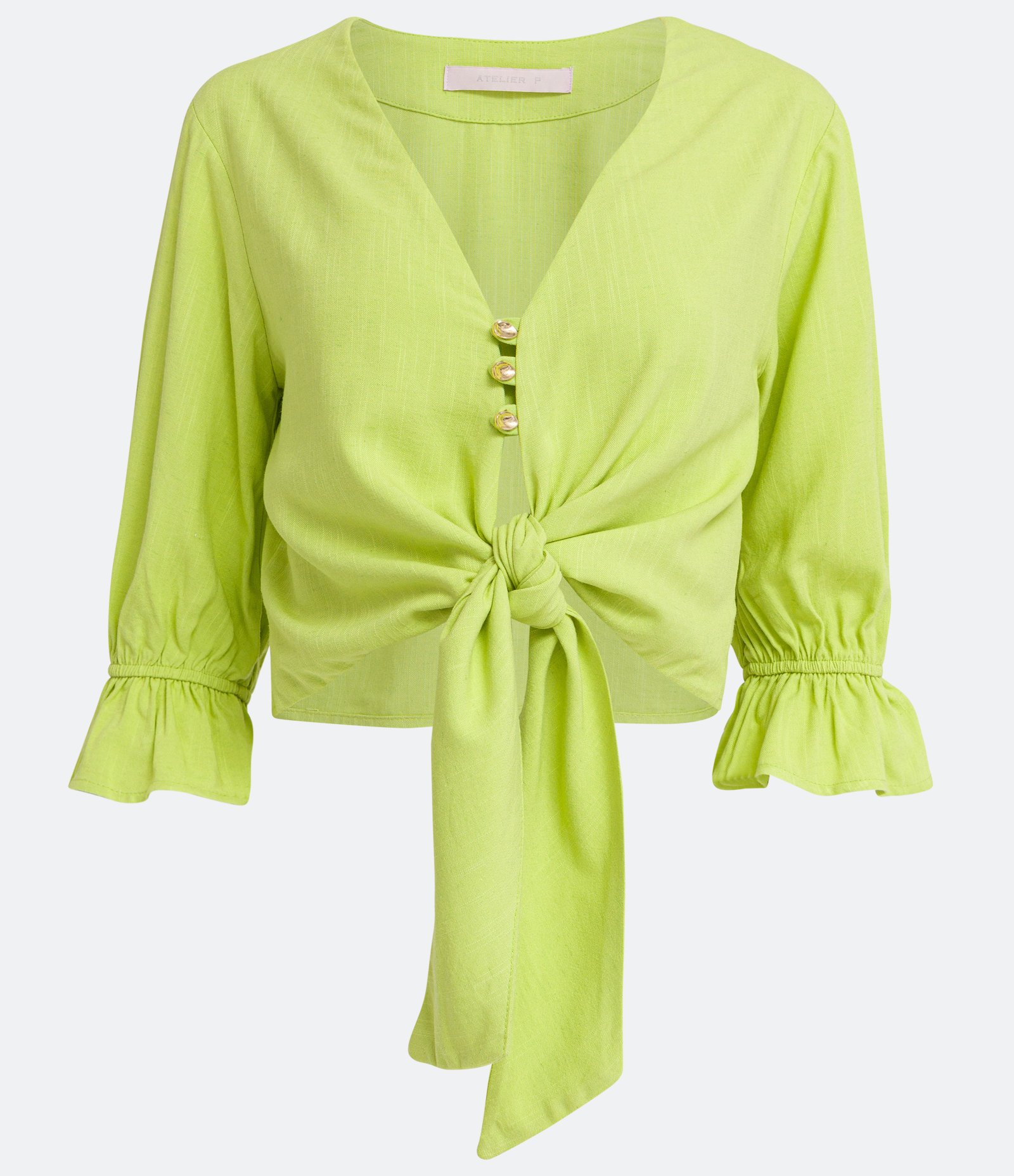 Blusa em Viscolinho com Abotoamento e Amarração Frontal Verde 1