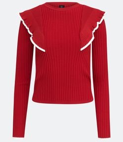 Blusa em Tricô com Manga Longa e Babados no Ombro