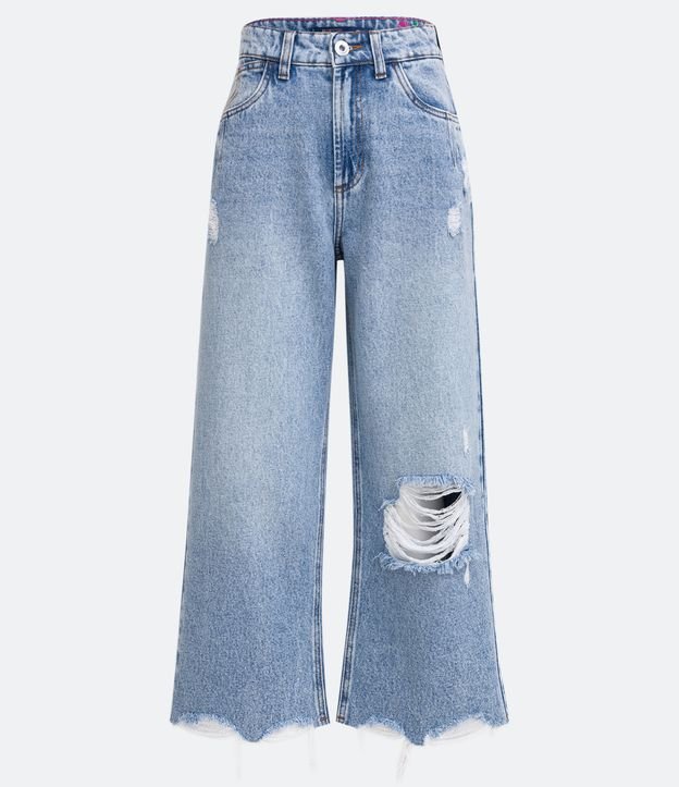 Calça Pantacourt Jeans com Puídos e Pences Azul 6