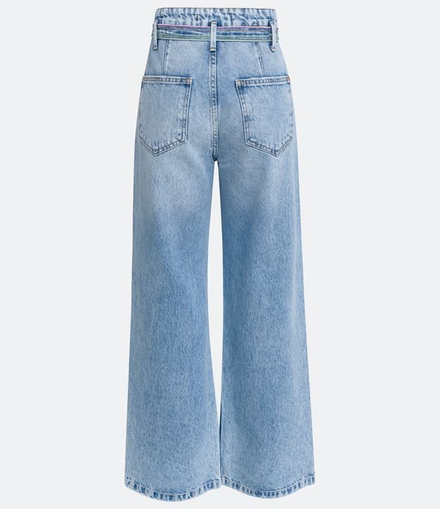 Pantalón Wide Leg Jeans con Cinturón y Pespuntos Azul 6