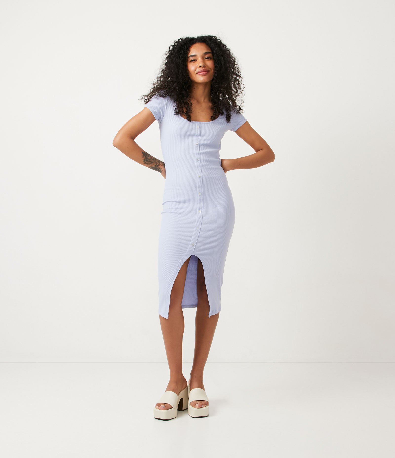 Vestido Midi Básico em Algodão Canelado com Abotoamento Azul 1