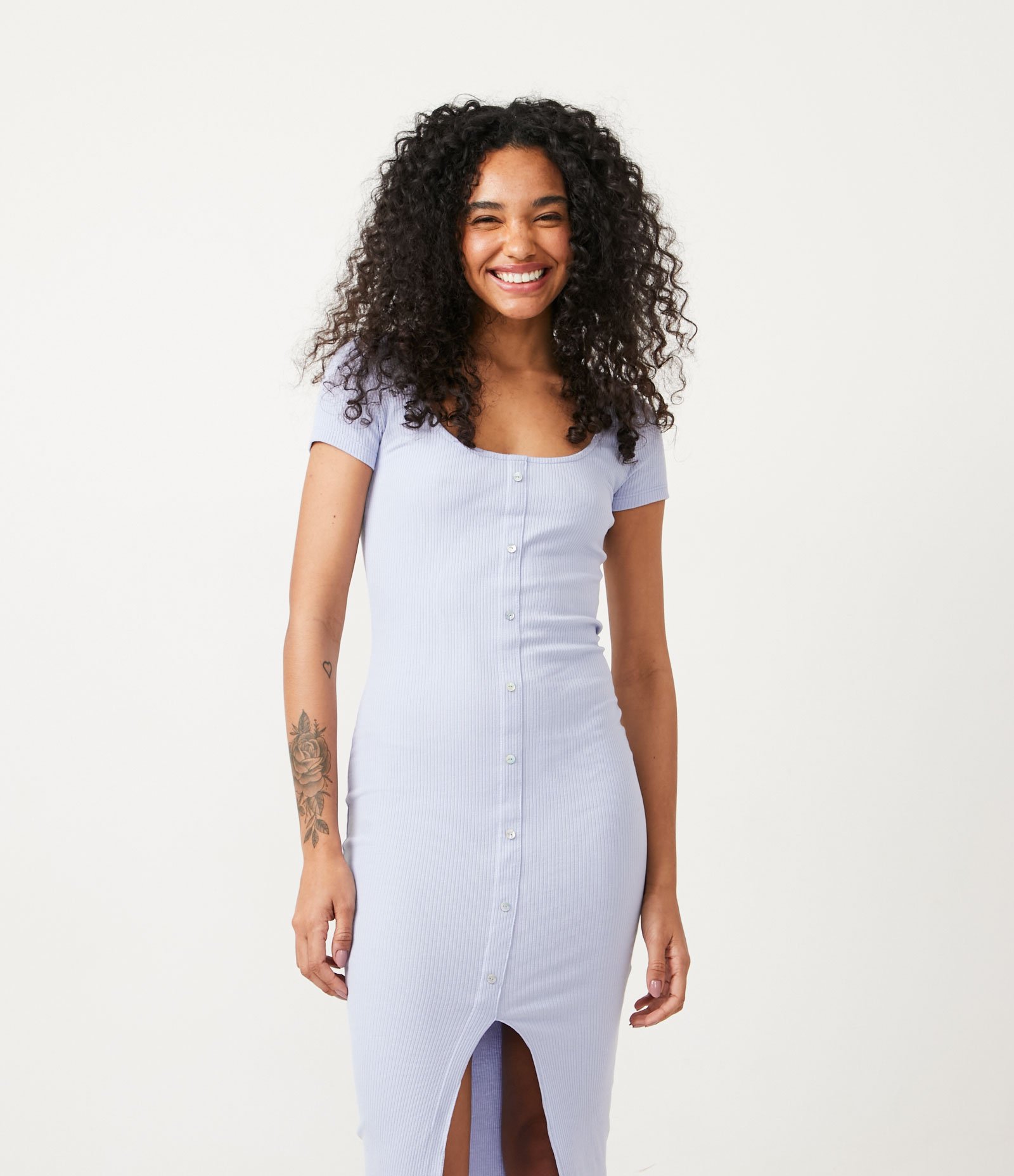 Vestido Midi Básico em Algodão Canelado com Abotoamento Azul 3