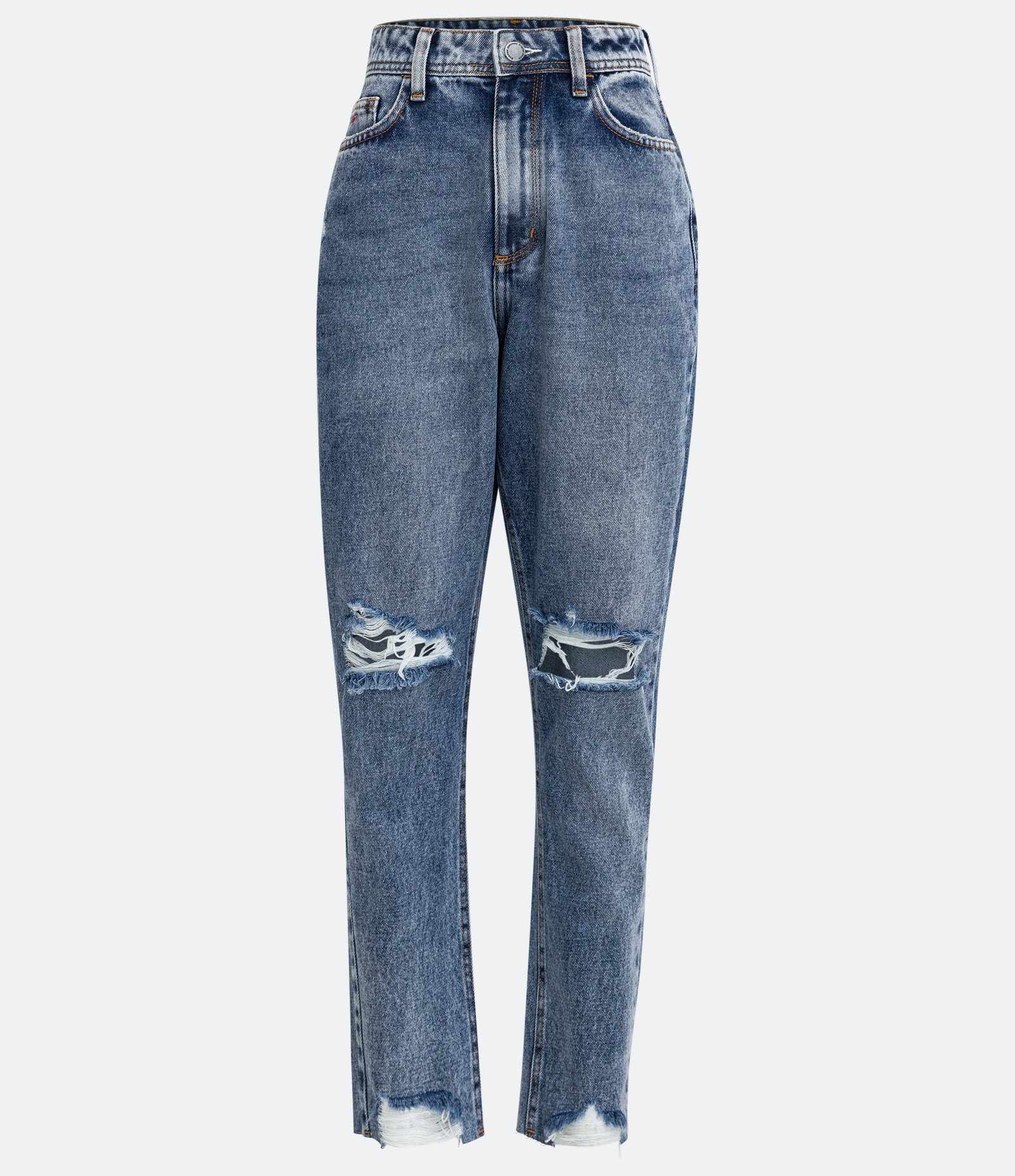 Calça Mom em Jeans Destroyed com Barra Rasgada Azul 6