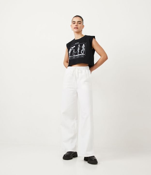 Calça Wide Leg em Moletom com Cintura Alta e Amarração no Cós