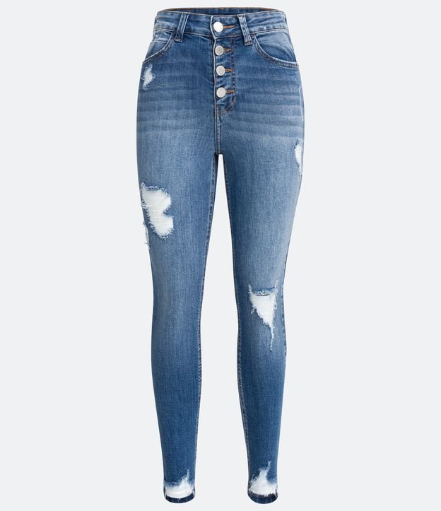 Pantalón Skinny en Jeans con Rasgaduras y Puntos de Luz Azul 6