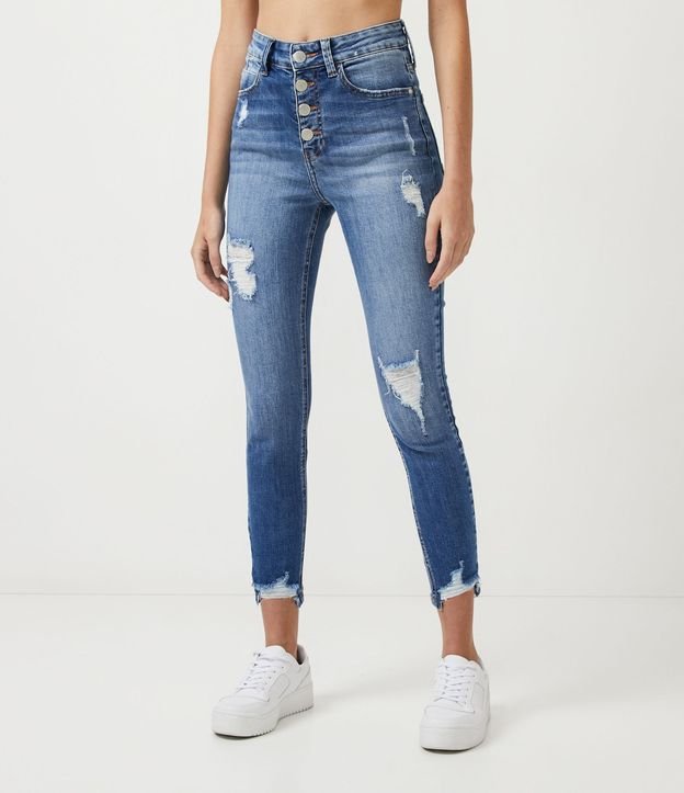 Pantalón Skinny en Jeans con Rasgaduras y Puntos de Luz Azul 2