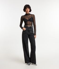 Calça Wide Leg Jeans com Pregas Frontais