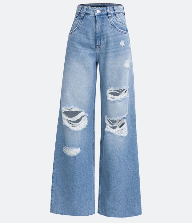 Pantalón Wide Leg en Jeans con Bolsillos Dobles y Desgastes Azul 7