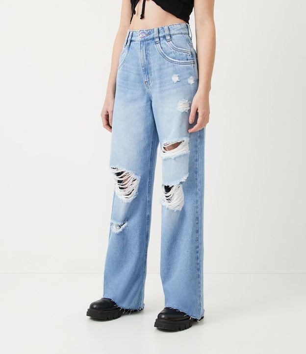 Pantalón Wide Leg en Jeans con Bolsillos Dobles y Desgastes Azul 3