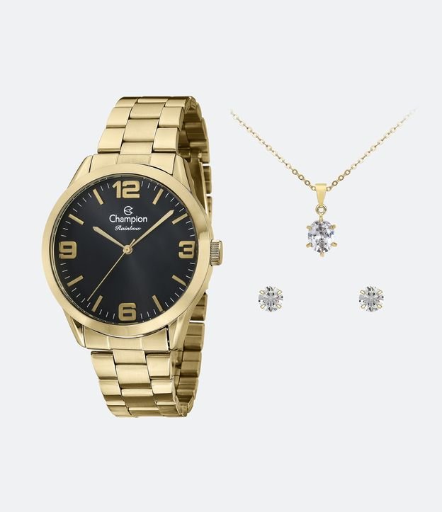 Kit Relógio Champion com Pulseira e Caixa em Aço CN29893K