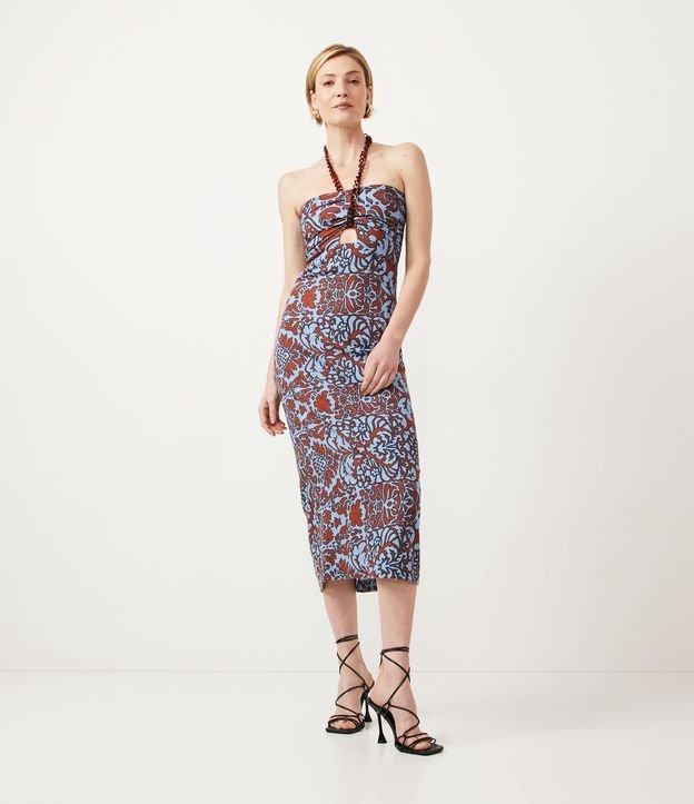 Vestido en Lino con Cadena en el cuello y Estampado Arabescos Naranja 1