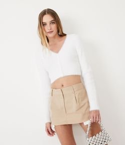 Cardigan em Tricô Canelado com Pelinhos