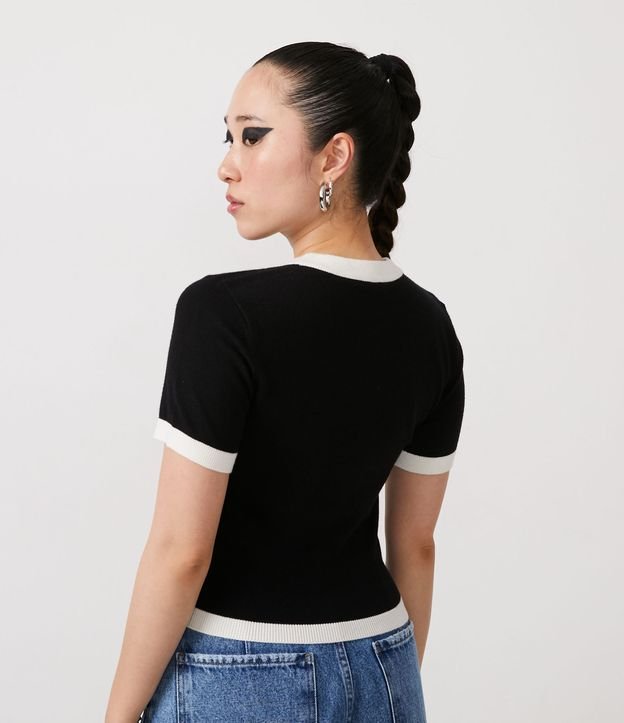 Blusa de Punto con Manga Corta y Contraste en las Barras Negro 3