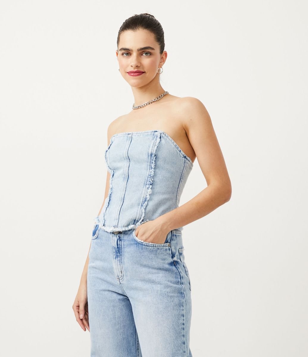 Blusa Jeans Corset sem Alças com Lastex