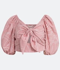 Blusa Cropped em Jacquard com Mangas Bufantes