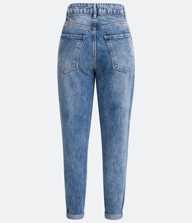 Pantalón Mom Cintura Alta en Jeans con Rasgos y Barra Doblada Azul 7