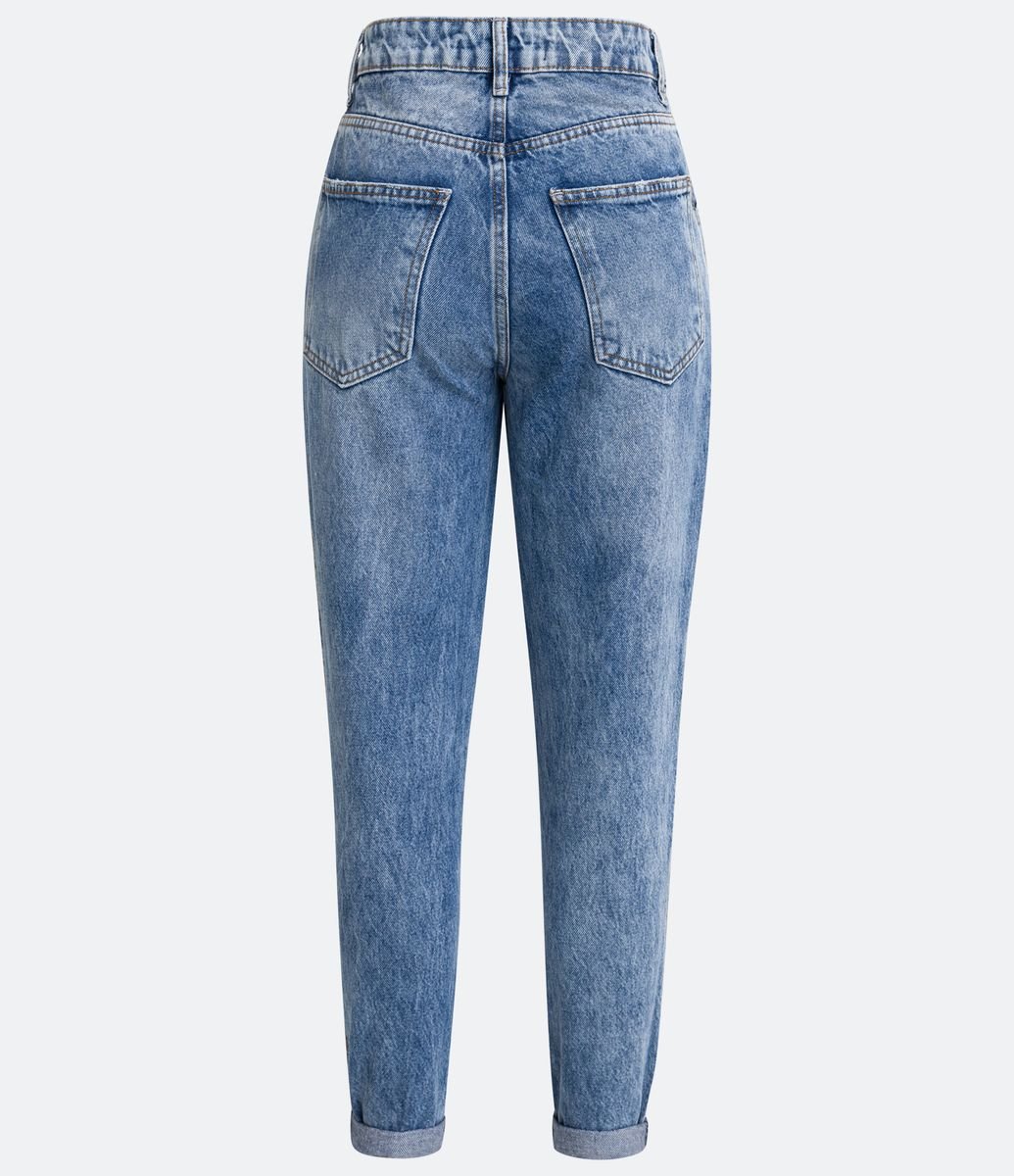 Calça Mom Cintura Alta em Jeans com Rasgos e Barra Dobrada Azul