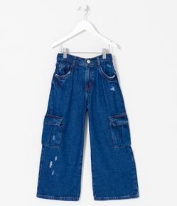Calça Wide Leg Infantil em Jeans com Bolsos Cargos - Tam 5 a 14 anos