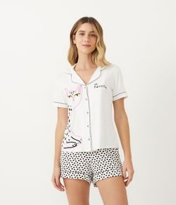 Pijama Americano Curto em Viscolycra Estampa de Gato e Pintinhas