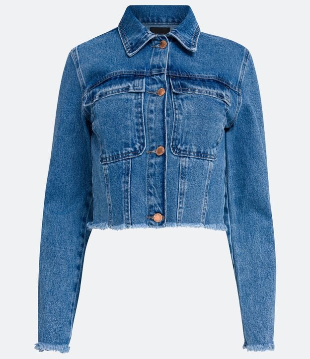 Campera Cropped Jeans con Barra y Puños Deshilachados Azul 5