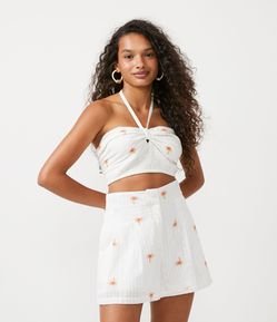 Blusa Cropped Frente Única em Algodão com Bordados Coqueiros