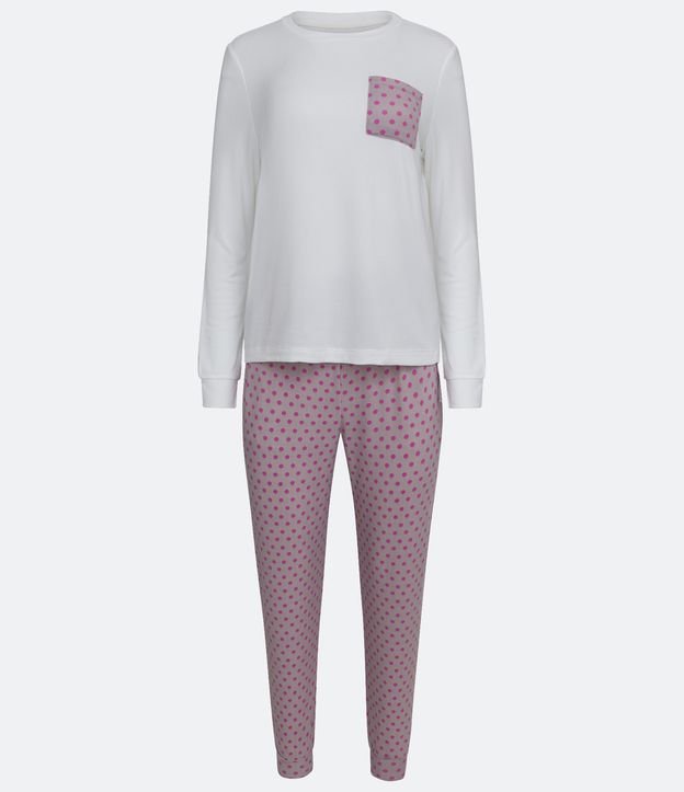 Pijama Largo con Pequeño Bolsillo en el Pecho y Estampado Lunares Violeta Claro 5