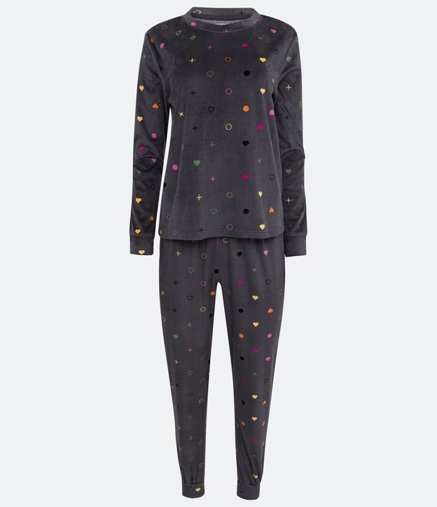 Pijama Largo en Plush con Estampado de Lunares y Corazón Gris 5