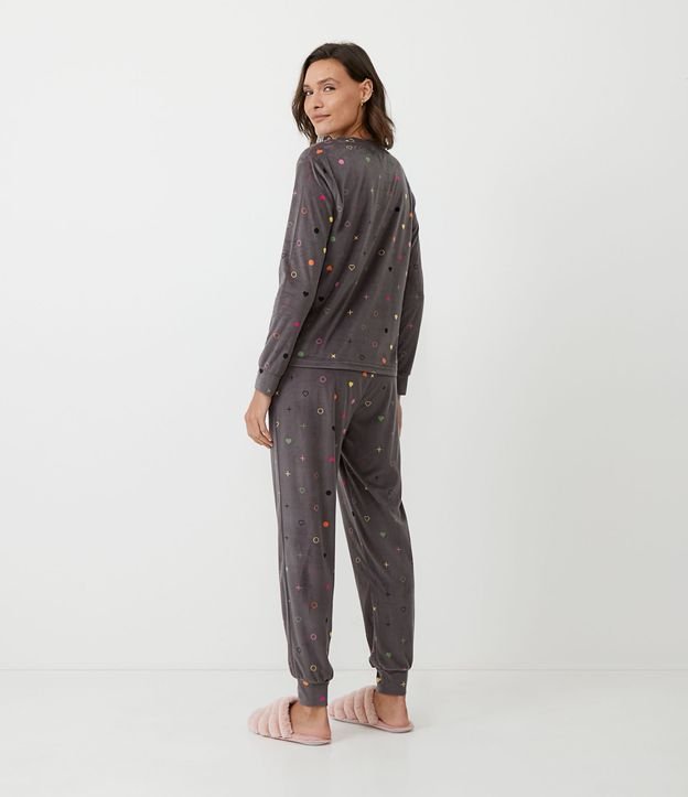 Pijama Largo en Plush con Estampado de Lunares y Corazón Gris 2