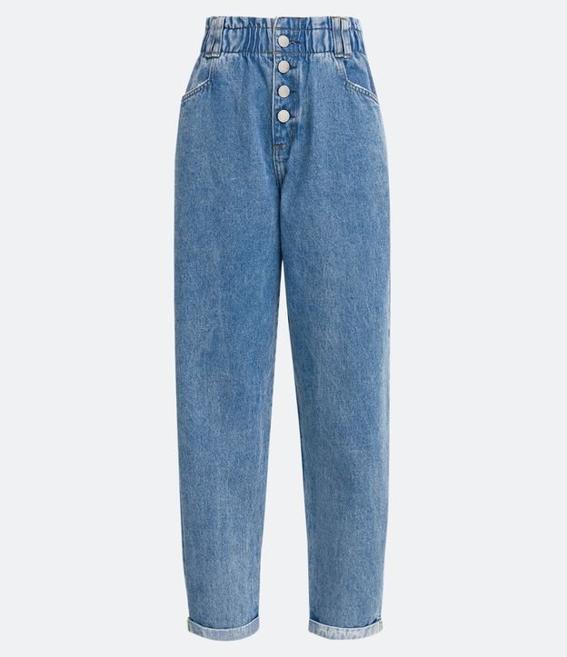 Pantalón Baggy en Jeans con Cintura Elástica y Barra Doblada Azul 5