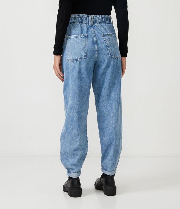 Pantalón Baggy en Jeans con Cintura Elástica y Barra Doblada Azul 3