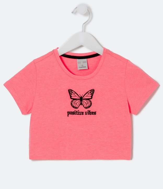 Blusa Cropped Infantil Neon com Estampa de Borboletas - Tam 5 a 14 anos