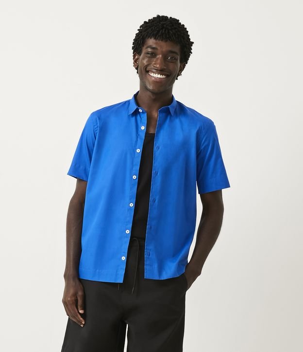 Camisa en Algodón con Cuello Camisero y Manga Corta Azul 1