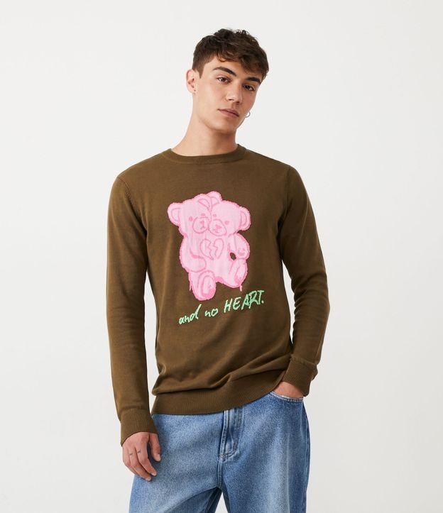 Suéter Regular en Algodón con Estampado de Oso y Lettering Verde 1