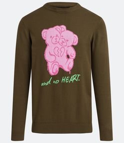 Suéter Regular em Algodão com Estampa de Urso e Lettering