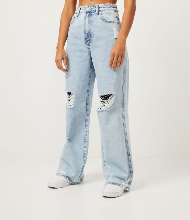 Pantalón Wide Leg en Jeans con Rotos y Desgastes Azul 3