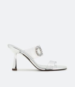 Sandália Salto Alto com Tiras em Vinil e Detalhe em Pedraria