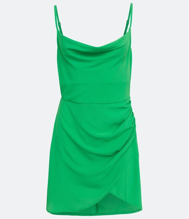 Vestido Corto de Tirantes en Satín con Escote Drapeado y Pollera Fruncida Verde 7