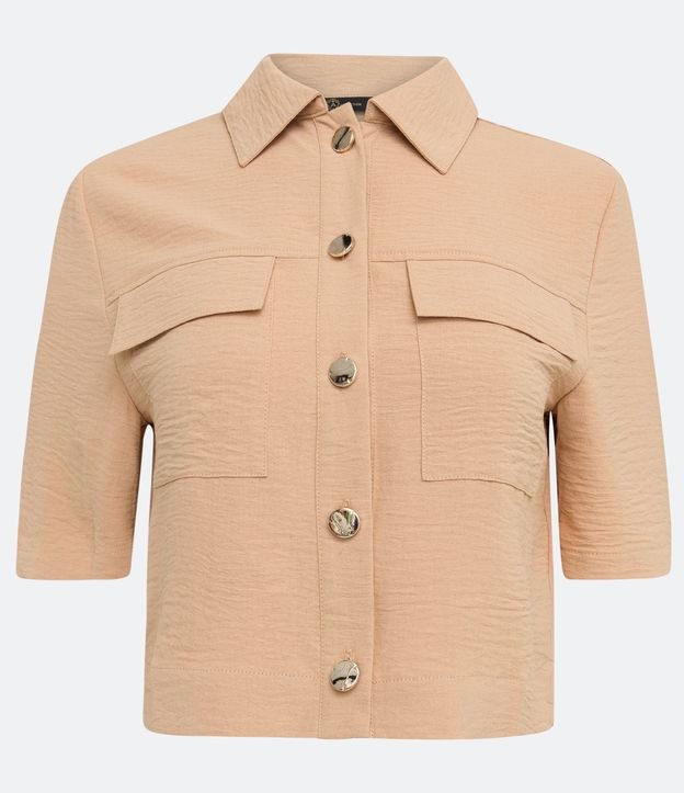 Camisa con Manga Corta y Bolsillos Delanteros Sin Estampado Marrón 5