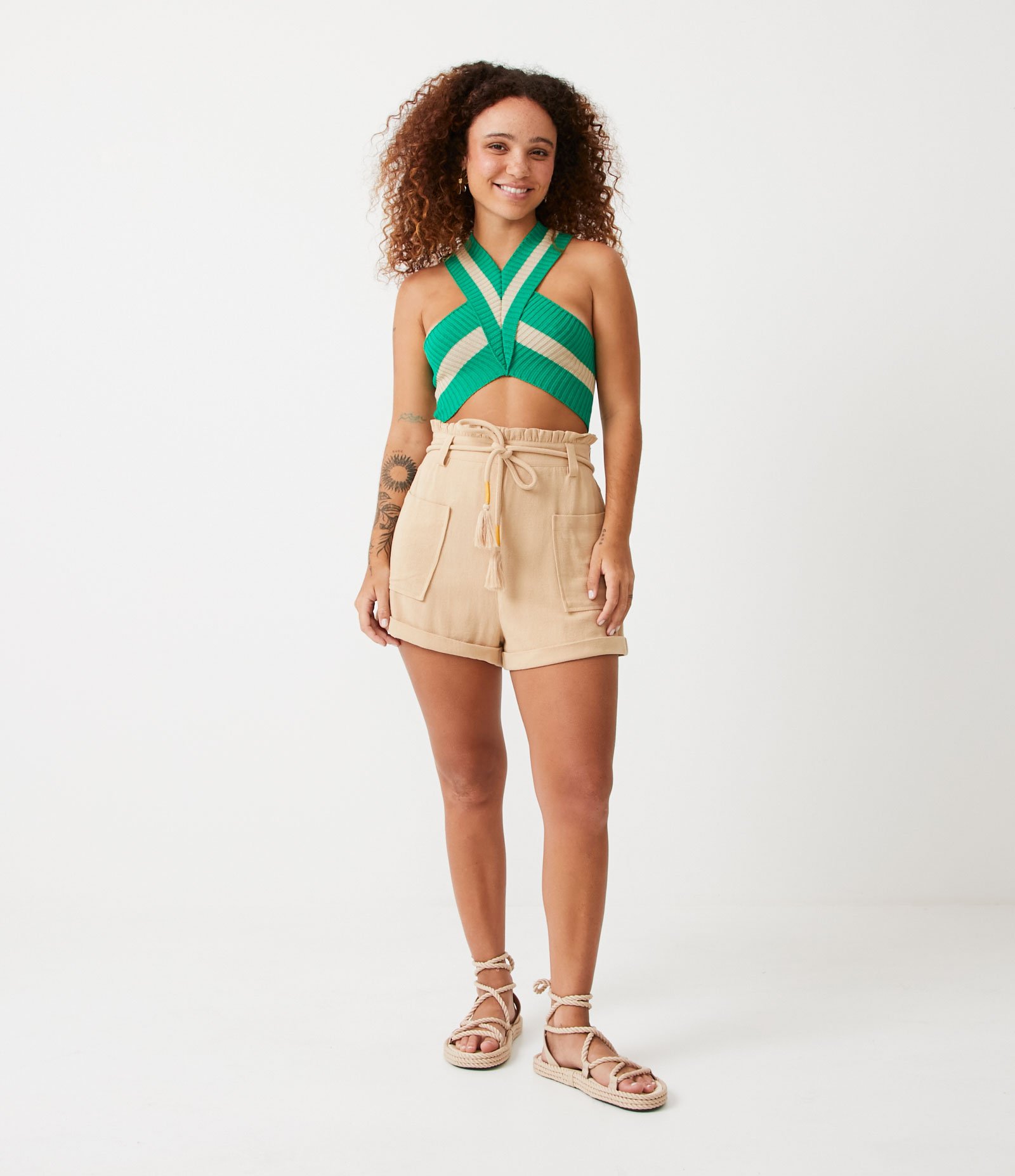 Blusa Sem Manga Cropped em Tricô com Listra Contrastante Verde 2